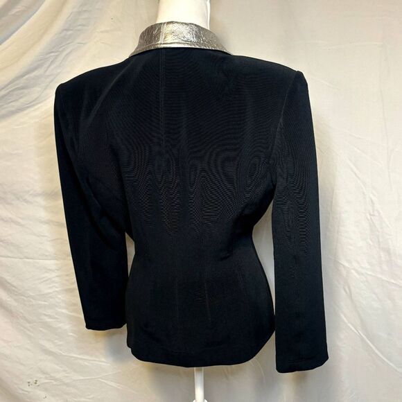 Vintage Cache Peplum Leather Womens Blazer Jacket Stretch Fabric Silver Black - Picture 8 of 11